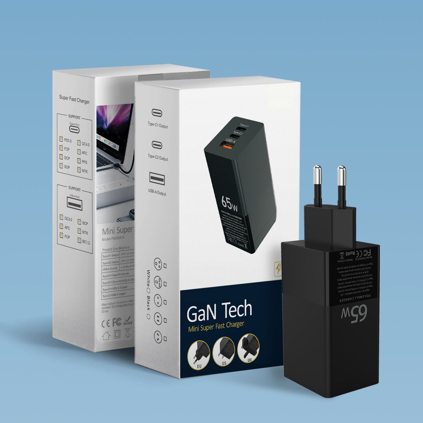 Universal Charger – 2 Type-C + 1 USB Port, Fast Charging (US/UK/EU)